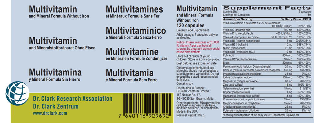 Multivitamin Clark without Iron, 120 capsules